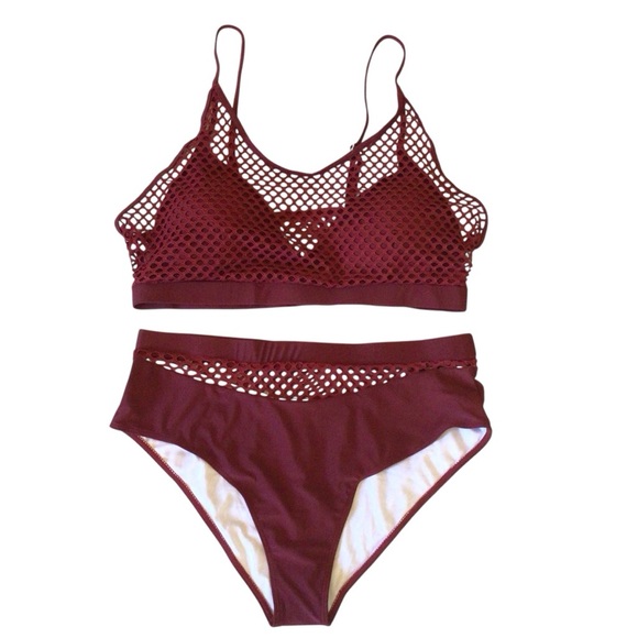 Women’s 2pc Plus Size Burgundy Red Mesh Fishnet High Waisted Bikini Set Size 3XL - Picture 2 of 9
